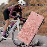 For Samsung Galaxy S25 5G Tulips Embossed Leather Phone Case with Lanyard(Pink)