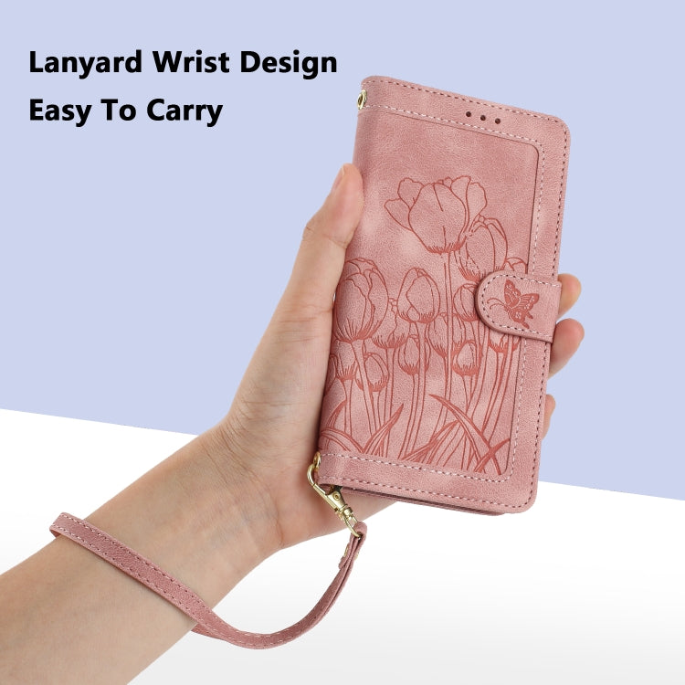 For Samsung Galaxy S25 5G Tulips Embossed Leather Phone Case with Lanyard(Pink)