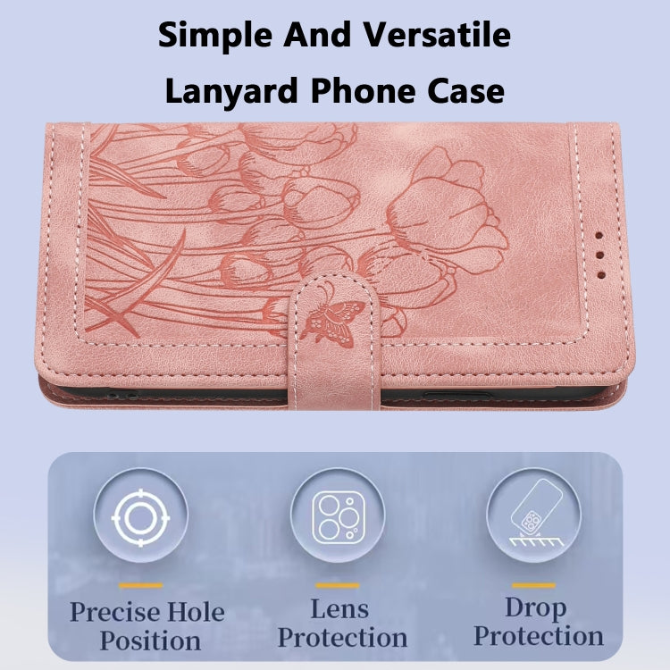 For Samsung Galaxy S25 5G Tulips Embossed Leather Phone Case with Lanyard(Pink)