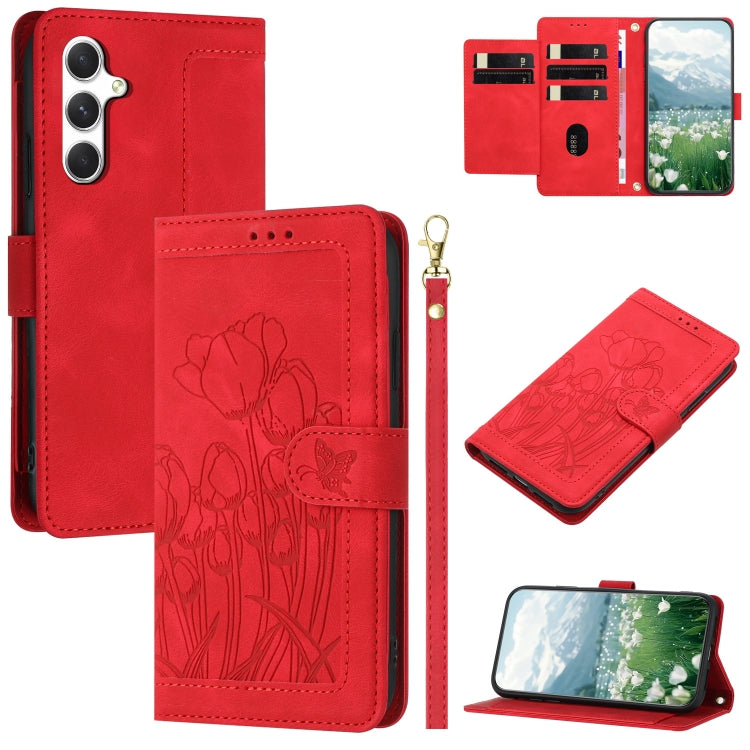 For Samsung Galaxy S25 5G Tulips Embossed Leather Phone Case with Lanyard(Red)