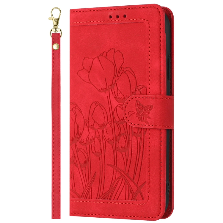 For Samsung Galaxy S25 5G Tulips Embossed Leather Phone Case with Lanyard(Red)