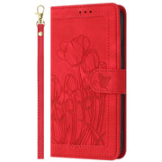 For Samsung Galaxy S25 5G Tulips Embossed Leather Phone Case with Lanyard(Red)