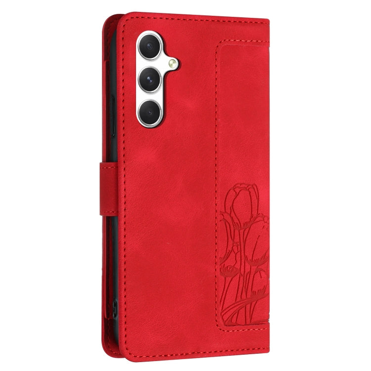 For Samsung Galaxy S25 5G Tulips Embossed Leather Phone Case with Lanyard(Red)