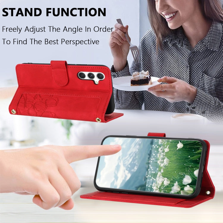 For Samsung Galaxy S25 5G Tulips Embossed Leather Phone Case with Lanyard(Red)