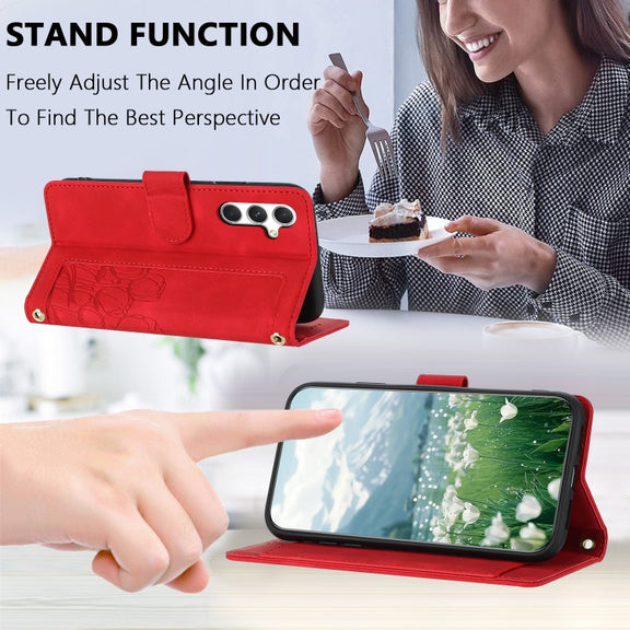 For Samsung Galaxy S25 5G Tulips Embossed Leather Phone Case with Lanyard(Red)