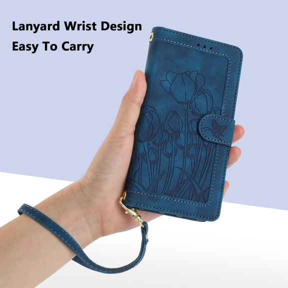 For Samsung Galaxy S25 5G Tulips Embossed Leather Phone Case with Lanyard(Blue)