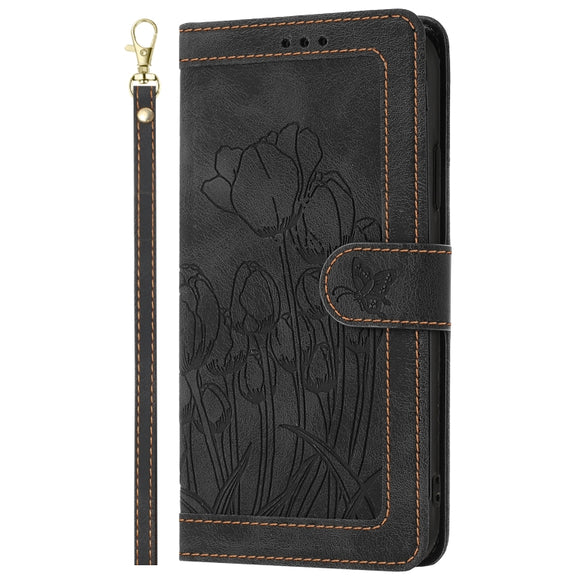 For Samsung Galaxy S25 5G Tulips Embossed Leather Phone Case with Lanyard(Black)