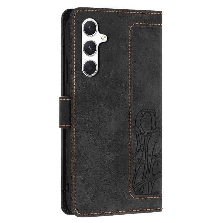 For Samsung Galaxy S25 5G Tulips Embossed Leather Phone Case with Lanyard(Black)