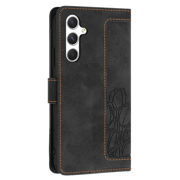 For Samsung Galaxy S25 5G Tulips Embossed Leather Phone Case with Lanyard(Black)
