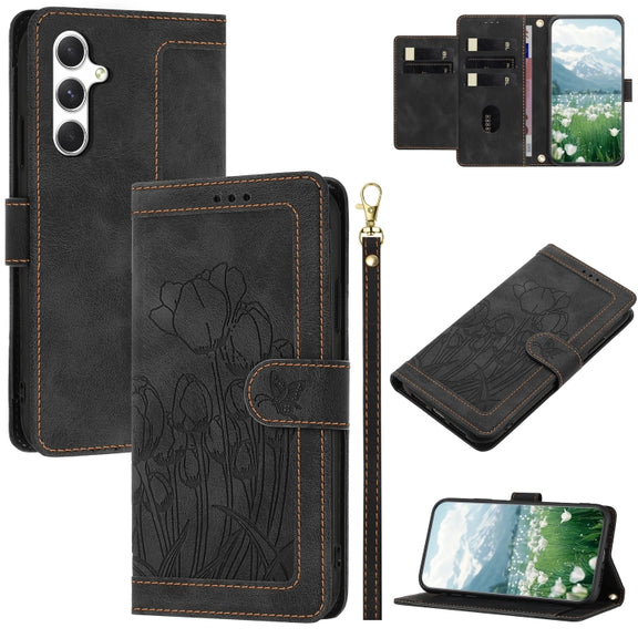 For Samsung Galaxy S25 5G Tulips Embossed Leather Phone Case with Lanyard(Black)