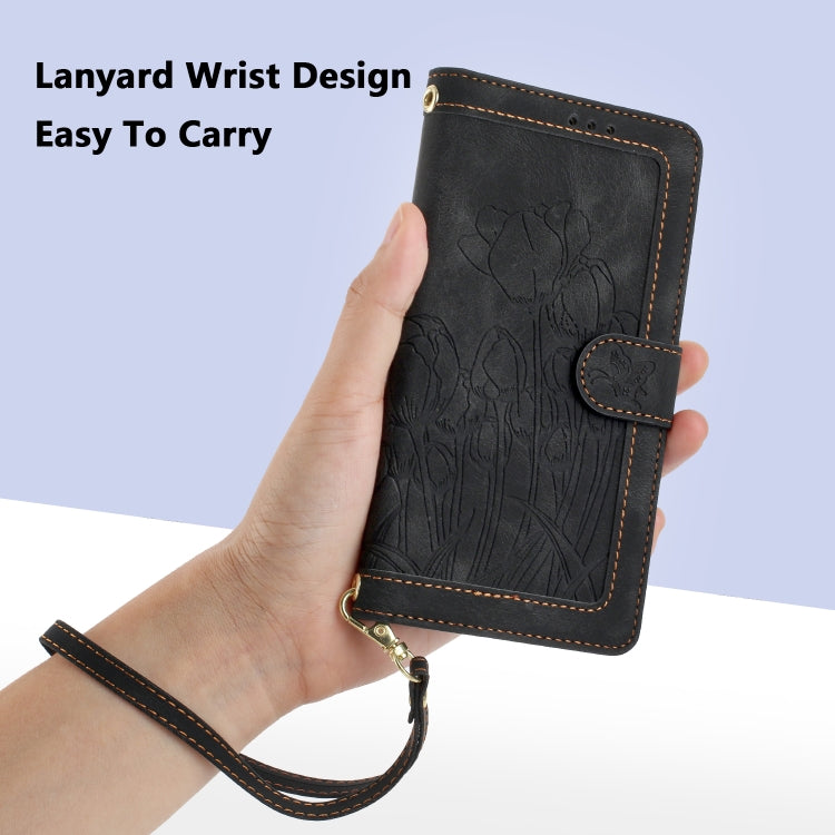 For Samsung Galaxy S25 5G Tulips Embossed Leather Phone Case with Lanyard(Black)