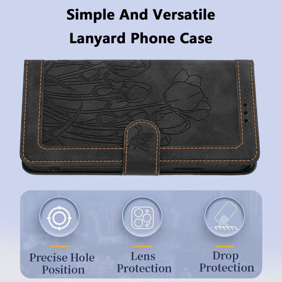 For Samsung Galaxy S25 5G Tulips Embossed Leather Phone Case with Lanyard(Black)