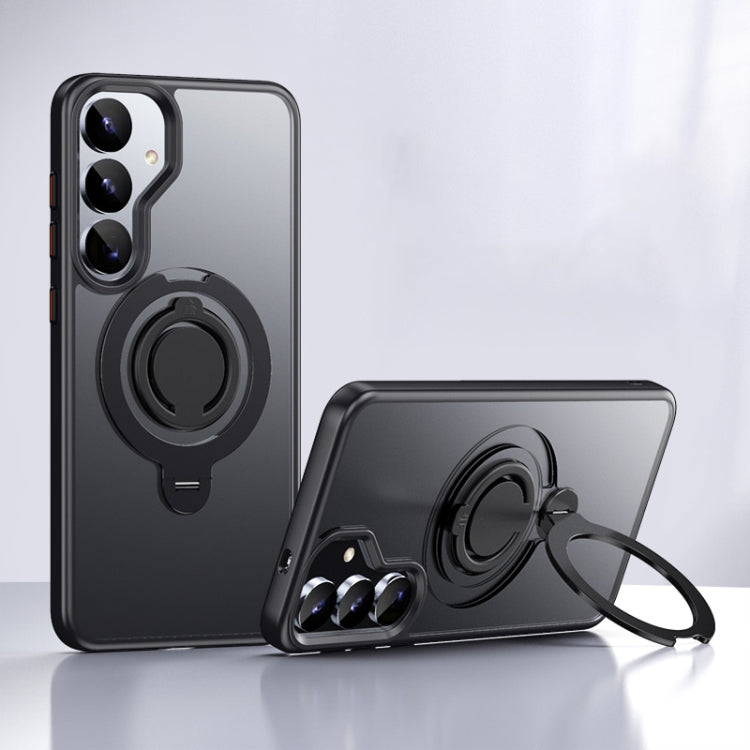 For Samsung Galaxy S25 5G Frosted MagSafe Phone Case with 360 Degree Rotating Holder(Black)