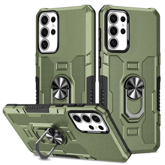 For Samsung Galaxy S25 Ultra 5G Ring Holder Armor Hybrid Phone Case(Green)
