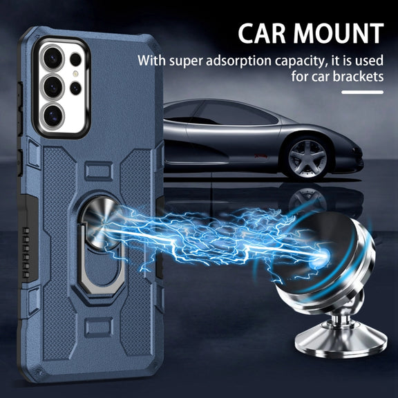For Samsung Galaxy S25 Ultra 5G Ring Holder Armor Hybrid Phone Case(Blue)