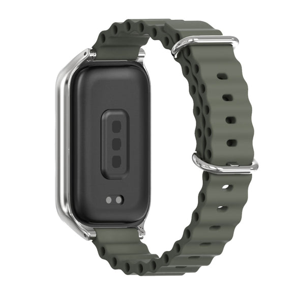 For Xiaomi Smart Band 9 Active / Redmi Band 3 Mijobs Metal Shell Marine Silicone Watch Band(khaki Grey Silver)