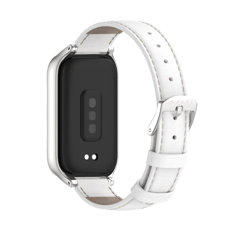 For Xiaomi Smart Band 9 Active / Redmi Band 3 Mijobs Metal Shell Genuine Leather Watch Band(White Silver)