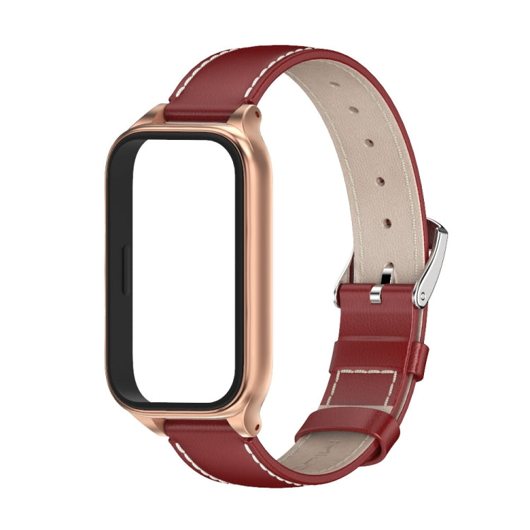 For Xiaomi Smart Band 9 Active / Redmi Band 3 Mijobs Metal Shell Genuine Leather Watch Band(Red Rose Gold)
