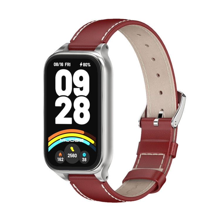 For Xiaomi Smart Band 9 Active / Redmi Band 3 Mijobs Metal Shell Genuine Leather Watch Band(Red Silver)