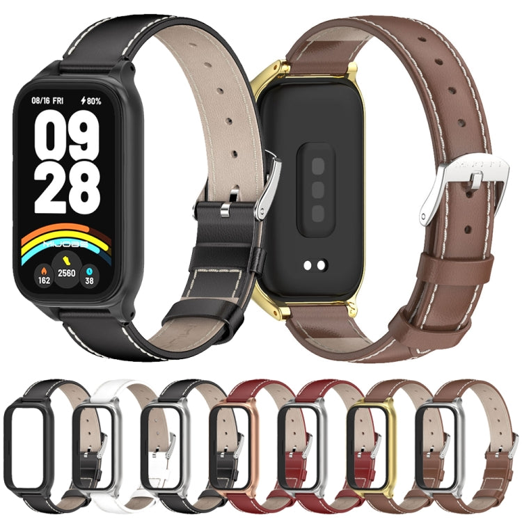 For Xiaomi Smart Band 9 Active / Redmi Band 3 Mijobs Metal Shell Genuine Leather Watch Band(White Silver)