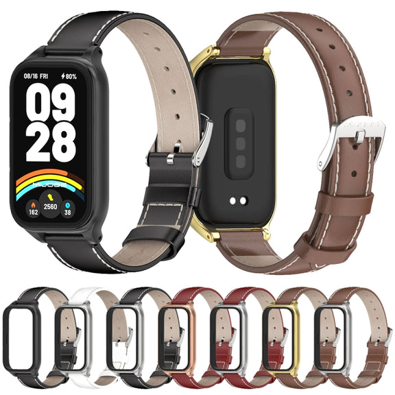 For Xiaomi Smart Band 9 Active / Redmi Band 3 Mijobs Metal Shell Genuine Leather Watch Band(White Silver)