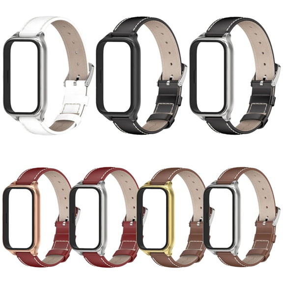 For Xiaomi Smart Band 9 Active / Redmi Band 3 Mijobs Metal Shell Genuine Leather Watch Band(White Silver)