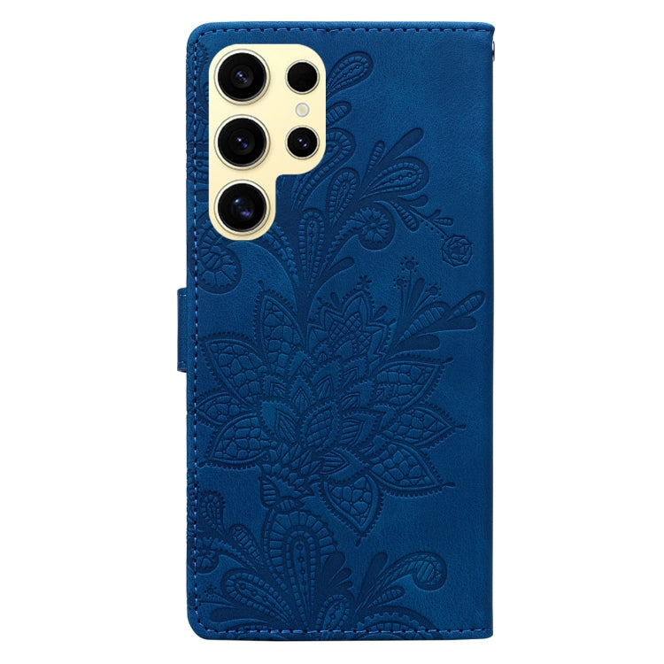 For Samsung Galaxy S25 Ultra 5G Lace Floral Embossed Magnetic Buckle PU Phone Case With Wrist Strap(Blue)