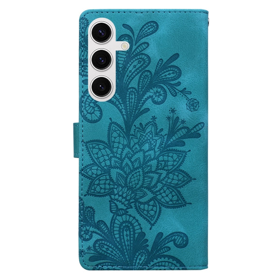 For Samsung Galaxy S25+ 5G Lace Floral Embossed Magnetic Buckle PU Phone Case With Wrist Strap(Green)