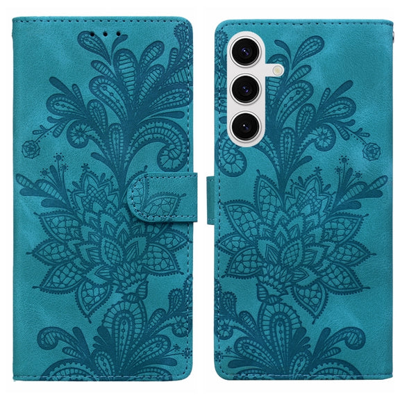 For Samsung Galaxy S25+ 5G Lace Floral Embossed Magnetic Buckle PU Phone Case With Wrist Strap(Green)
