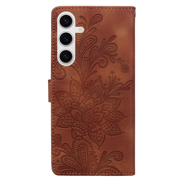 For Samsung Galaxy S25+ 5G Lace Floral Embossed Magnetic Buckle PU Phone Case With Wrist Strap(Brown)