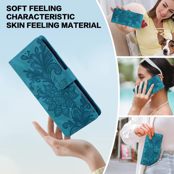For Samsung Galaxy S25 5G Lace Floral Embossed Magnetic Buckle PU Phone Case With Wrist Strap(Green)