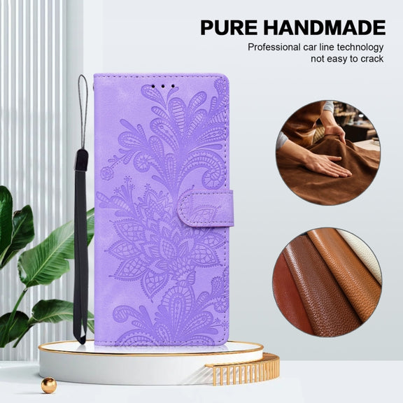 For Samsung Galaxy S25 5G Lace Floral Embossed Magnetic Buckle PU Phone Case With Wrist Strap(Purple)