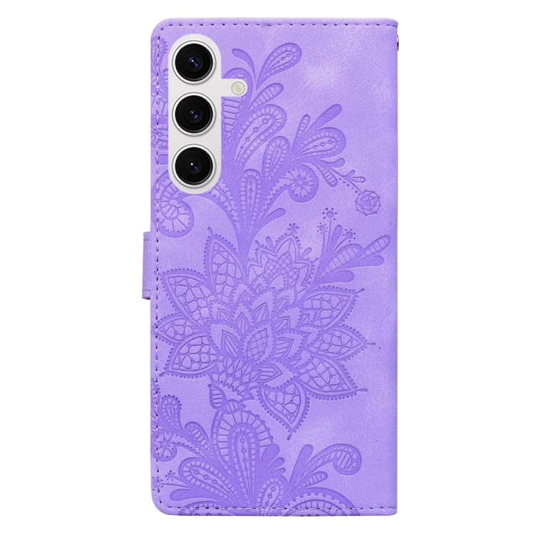 For Samsung Galaxy S25 5G Lace Floral Embossed Magnetic Buckle PU Phone Case With Wrist Strap(Purple)