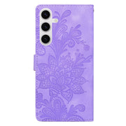 For Samsung Galaxy S25 5G Lace Floral Embossed Magnetic Buckle PU Phone Case With Wrist Strap(Purple)