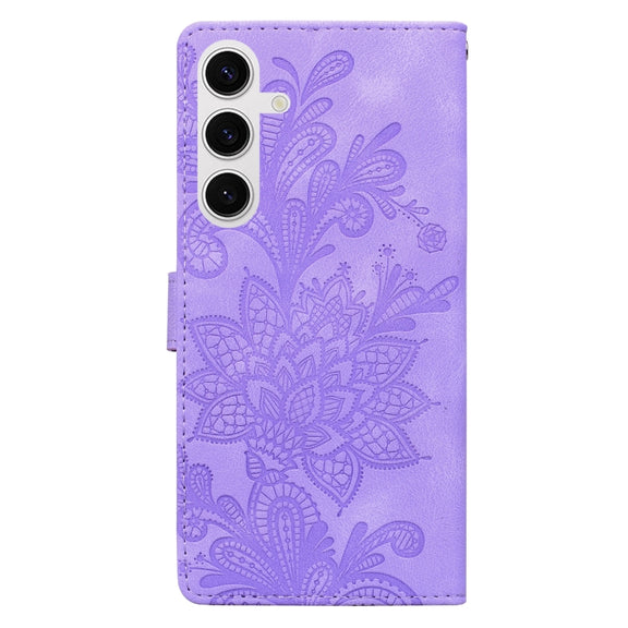 For Samsung Galaxy S25 5G Lace Floral Embossed Magnetic Buckle PU Phone Case With Wrist Strap(Purple)