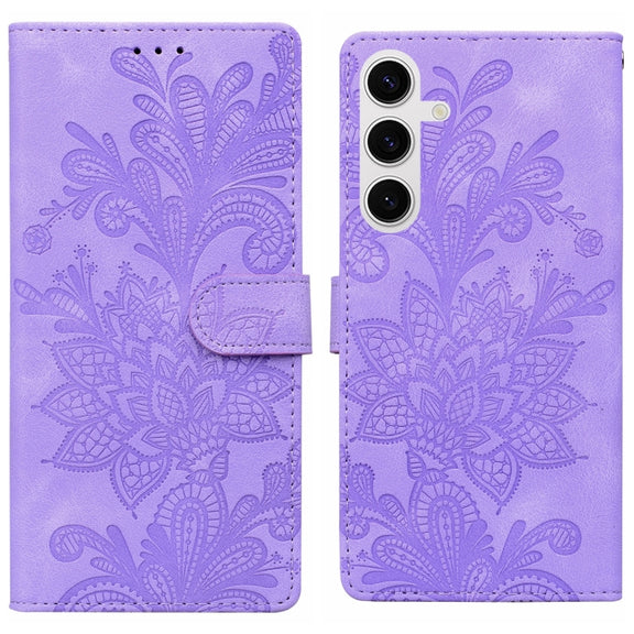 For Samsung Galaxy S25 5G Lace Floral Embossed Magnetic Buckle PU Phone Case With Wrist Strap(Purple)