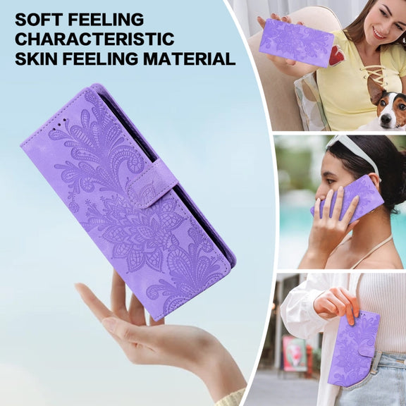 For Samsung Galaxy S25 5G Lace Floral Embossed Magnetic Buckle PU Phone Case With Wrist Strap(Purple)