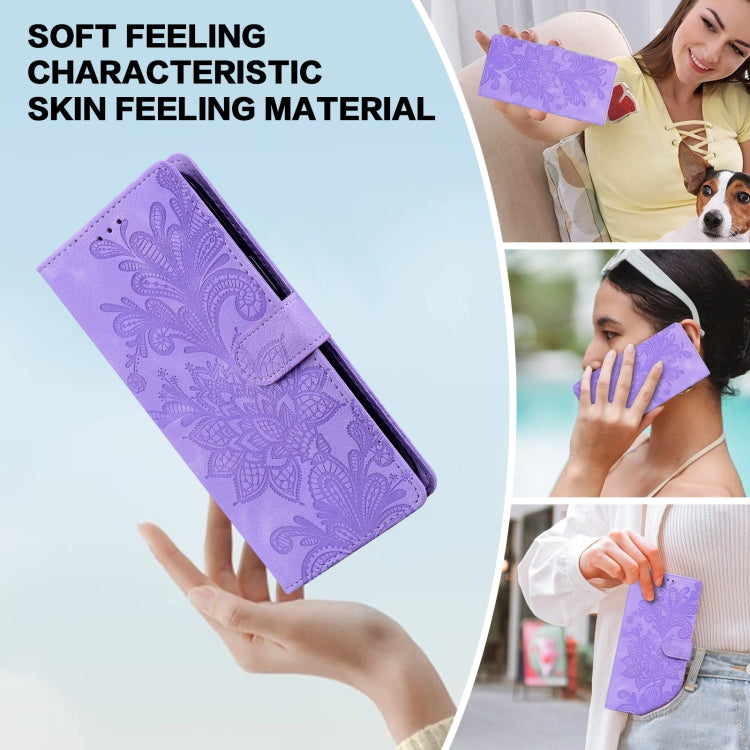 For Samsung Galaxy S25 5G Lace Floral Embossed Magnetic Buckle PU Phone Case With Wrist Strap(Purple)