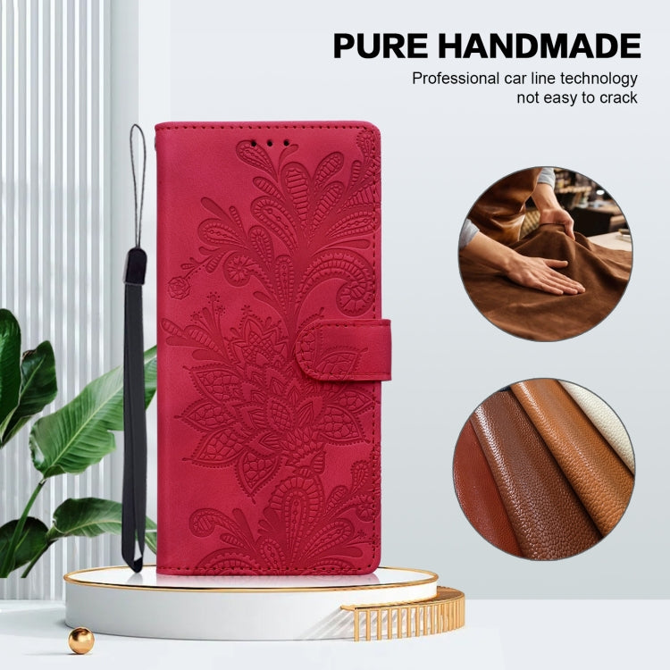 For Samsung Galaxy S25 5G Lace Floral Embossed Magnetic Buckle PU Phone Case With Wrist Strap(Red)