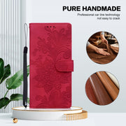 For Samsung Galaxy S25 5G Lace Floral Embossed Magnetic Buckle PU Phone Case With Wrist Strap(Red)