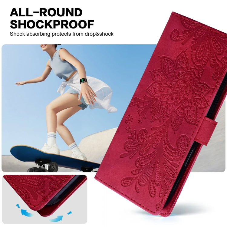 For Samsung Galaxy S25 5G Lace Floral Embossed Magnetic Buckle PU Phone Case With Wrist Strap(Red)