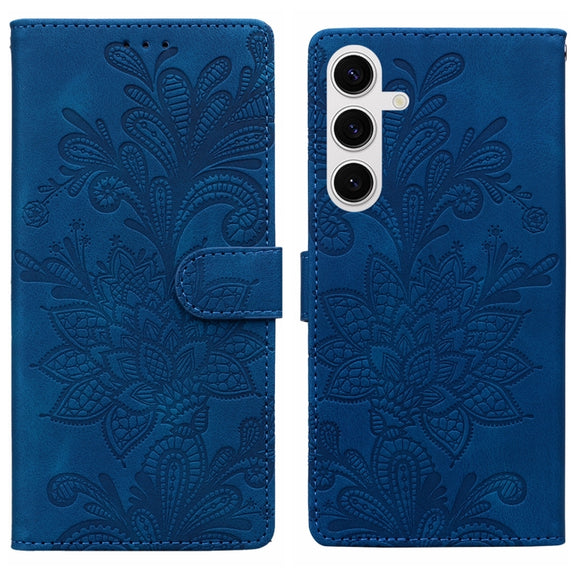 For Samsung Galaxy S25 5G Lace Floral Embossed Magnetic Buckle PU Phone Case With Wrist Strap(Blue)