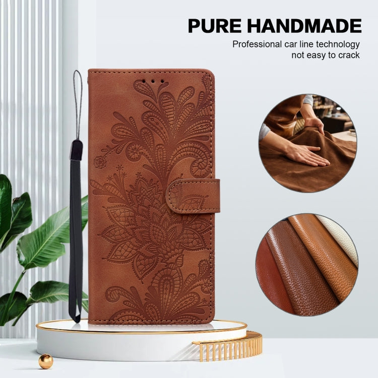 For Samsung Galaxy S25 5G Lace Floral Embossed Magnetic Buckle PU Phone Case With Wrist Strap(Brown)