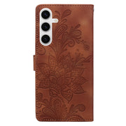 For Samsung Galaxy S25 5G Lace Floral Embossed Magnetic Buckle PU Phone Case With Wrist Strap(Brown)