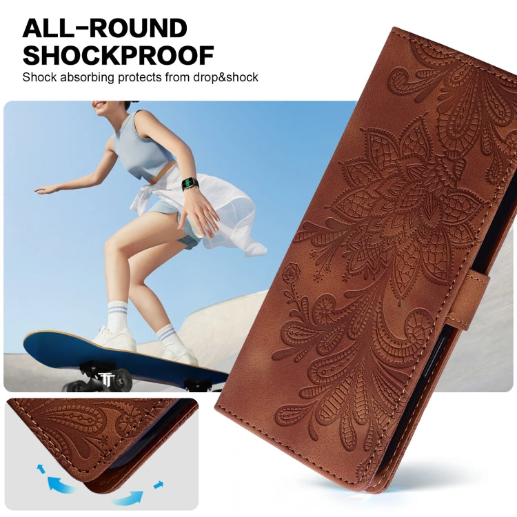 For Samsung Galaxy S25 5G Lace Floral Embossed Magnetic Buckle PU Phone Case With Wrist Strap(Brown)