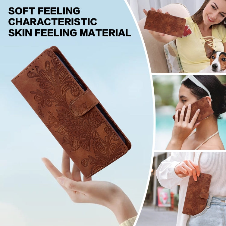 For Samsung Galaxy S25 5G Lace Floral Embossed Magnetic Buckle PU Phone Case With Wrist Strap(Brown)