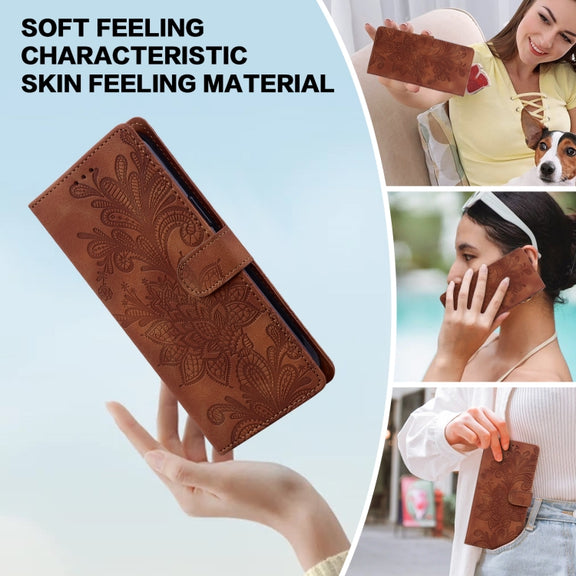 For Samsung Galaxy S25 5G Lace Floral Embossed Magnetic Buckle PU Phone Case With Wrist Strap(Brown)