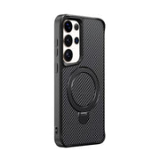 For Samsung Galaxy S25 Ultra 5G Carbon Fiber Texture 360 MagSafe Holder Phone Case(Black)