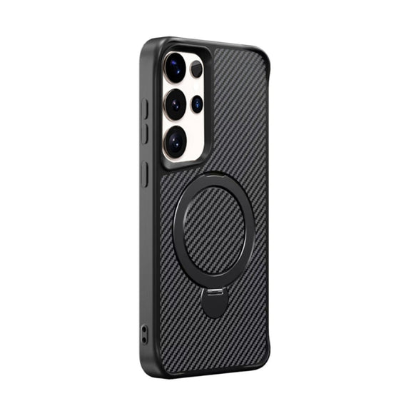 For Samsung Galaxy S25 Ultra 5G Carbon Fiber Texture 360 MagSafe Holder Phone Case(Black)