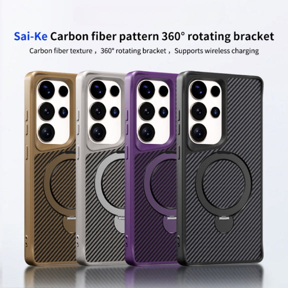 For Samsung Galaxy S25 / S24 5G Carbon Fiber Texture 360 MagSafe Holder Phone Case(Black)
